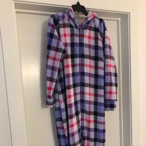 Hooded fleece onesie with enclosed feet.